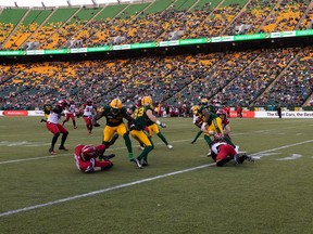 The Edmonton Elks battle the Calgary Stampeders during first half CFL football action at Commonwealth Stadium in Edmonton, on Saturday, Sept. 11, 2021. Photo by Ian Kucerak