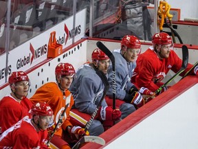 Players watch the action from the bench during Calgary Flames training camp on Thursday.