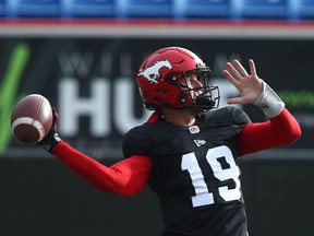 Stampeders quarterback Bo Levi Mitchell throws during practice at McMahon Stadium in Calgary on Thursday.
