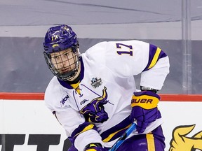 The recently signed Walker Duehr -- pictured here in action with the Minnesota State Mavericks -- showed well in the Flames' Saturday night rookie showdown with the Edmonton Oilers youngsters.