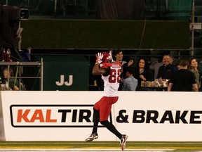 Calgary Stampeders receiver Kamar Jorden (88) celebrates a touchdown on the Edmonton Elks during second-half CFL football action at Commonwealth Stadium in Edmonton, on Saturday.