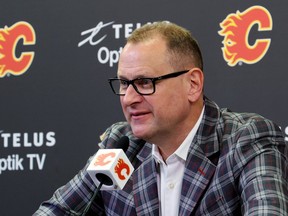 Calgary Flames GM Brad Treliving speaks with media on the opening day of the team's training camp, Wednesday.