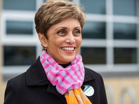 Mayoral candidate Jyoti Gondek outside Captain Nichola Goddard School after casting her vote on municipal election day in Calgary on Monday, October 18, 2021.