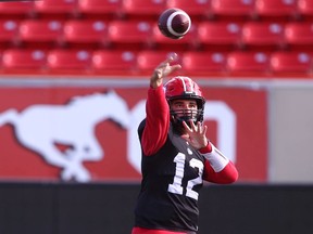 Calgary Stampeders quarterback Jake Maier throws during practice at McMahon Stadium in Calgary on Tuesday, Sept. 28, 2021.