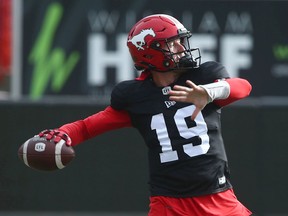 Calgary Stampeders quarterback Bo Levi Mitchell throws during practice at McMahon Stadium in Calgary on Thursday, Sept. 30, 2021.