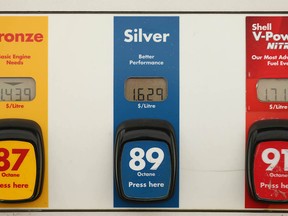 The price of the three levels of gas is shown at a Kensington area gas station in northwest Calgary on Tuesday, October 5, 2021.