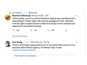 Elections Alberta apologized to its Twitter folloers after an exchange with another Twitter user during the civic elections across the province on Monday, Oct. 18, 2021.
