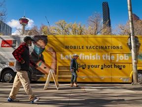 The City of Calgary's mobile COVID-19 vaccination bus was parked in front of City Hall on Thursday, October 7, 2021.
