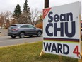 Traffic on 4th Street N.W. passes a Sean Chu campaign sign in Ward 4 on voting day in the municipal election, Monday, October 18, 2021.
