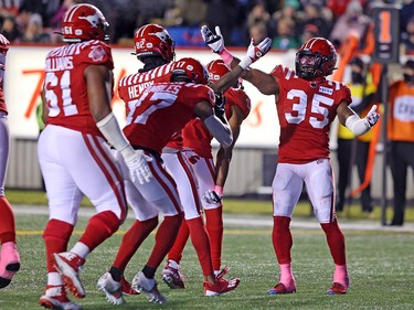 Calgary Stampeders running back Ka'Deem Carey (35) celebrates his touchdown against the Saskatchewan Roughriders during CFL action at McMahon Stadium in Calgary on Saturday, October 23, 2021. Gavin Young/Postmedia