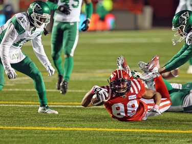 Calgary Stampeders wide receiver Kamar Jorden reaches for the goal line after a reception against the Saskatchewan Roughriders during CFL action at McMahon Stadium in Calgary on Saturday, October 23, 2021. Gavin Young/Postmedia