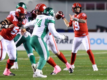 Calgary Stampeders quarterback Bo Levi Mitchell lines up a pass against the Saskatchewan Roughriders during CFL action at McMahon Stadium in Calgary on Saturday, October 23, 2021. Gavin Young/Postmedia