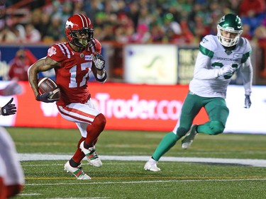 Calgary Stampeders Markeith Ambles runs the ball against the Saskatchewan Roughriders during CFL action at McMahon Stadium in Calgary on Saturday, October 23, 2021. Gavin Young/Postmedia