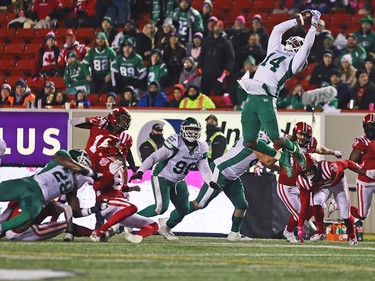 The Saskatchewan Roughriders’ D'haquille Williams catches a Calgary Stampeders kick during CFL action at McMahon Stadium in Calgary on Saturday, October 23, 2021. Gavin Young/Postmedia