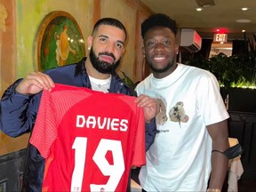 Drake and Alphonso Davies after Canada beat Panama 4-1 in the CONCACAF World Cup Qualifying at BMO Field.