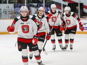 Jack Beck celebrates his first of two goals during a recent Ottawa 67's game. The Flames prospect worked hard to hone his shot during quarantine.