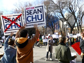 Rallies in opposition and support of Ward 4 Coun. Sean Chu at City Hall in Calgary on Sunday, October 24, 2021.