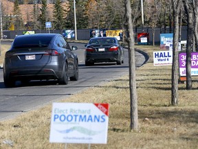 Candidate signage on 17 Ave. S.W. heading towards the city centre in Ward 6 of Calgary on Tuesday, October 12, 2021.