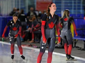 Brooklyn McDougall smiles after winning the women’s 500 metres during the Canadian long track speed skating championships at the Olympic Oval in Calgary on Wednesday, Oct. 13, 2021.