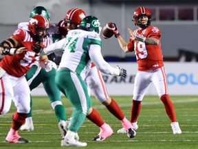 Calgary Stampeders quarterback Bo Levi Mitchell lines up a pass against the Saskatchewan Roughriders at McMahon Stadium in Calgary on Saturday, Oct. 23, 2021.