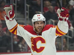 Calgary Flames centre Elias Lindholm celebrates his goal against the Red Wings on Thursday in Detroit. The Flames won 3-0.