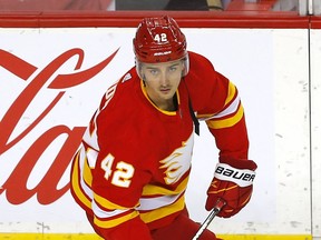 The Calgary Flames’ Glenn Gawdin during warm p before taking on the Ottawa Senators at the Scotiabank Saddledome in Calgary on Sunday, May 9, 2021.