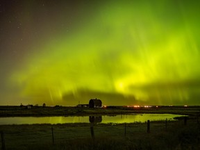 The aurora putting on a show in the sky northeast of Strathmore, Ab., on Tuesday, October 12, 2021.