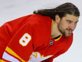 Calgary Flames Chris Tanev during warm-up before a game against the Edmonton Oilers in NHL hockey in Calgary on Friday February 19, 2021. Al Charest / Postmedia