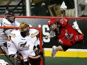 Calgary Roughnecks sniper Curtis Dickson scores one of his patented 'Superman' goals against the New England Black Wolves in this photo from March 25, 2017.