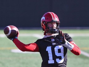 Calgary Stampeders quarterback Bo Levi Mitchell throws a pass during practice at McMahon Stadium on Thursday.