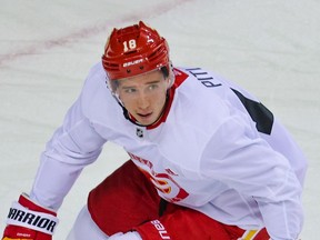 Tyler Pitlick skates during the first practice of the Calgary Flames training camp late last month.