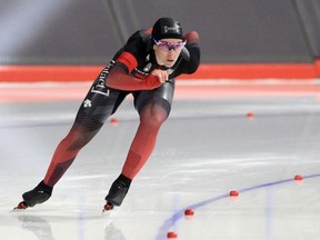 Ivanie Blondin skates to victory in the women’s 1,500 metres during the Canadian long track speed skating championships at the Olympic Oval in Calgary on Saturday, Oct. 16, 2021.
