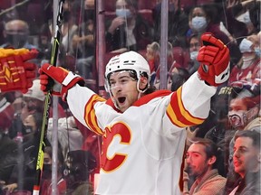 Flames forward Andrew Mangiapane celebrates a goal against the Montreal Canadiens on Nov. 11, 2021 in Montreal.