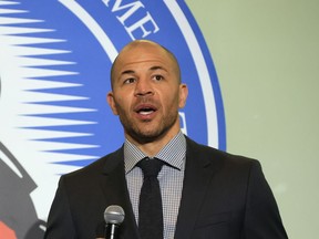 Jarome Iginla takes part in a press opportunity prior to his induction into the Hockey Hall of Fame at the Hockey Hall of Fame in Toronto on Nov. 12, 2021.