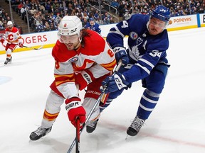 Auston Matthews #34 of the Toronto Maple Leafs battles with Christopher Tanev #8 of the Calgary Flames for the puck during the second period at the Scotiabank Arena on November 12, 2021 in Toronto, Ontario, Canada.