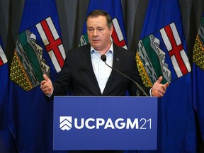 Alberta Premier Jason Kenney speaks during a press conference at the end of the UCP annual general meeting on Sunday, November 21, 2021.