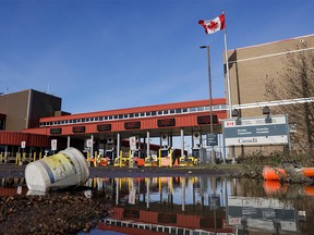 Remnants of flooding is pictured at the Canada Border Services Agency after rainstorms hit both British Columbia and Washington state causing flooding on both sides of the border, in Sumas, Washington, U.S. November 17, 2021.