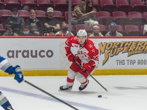 Calgary Flames prospect Rory Kerins, a sixth-round selection in the 2020 NHL Draft, is a go-to guy for the Soo Greyhounds of the Ontario Hockey League. (Photo by Bob Davies/Courtesy of Soo Greyhounds)