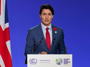 Prime Minister Justin Trudeau presents his national statement as part of the World Leaders' Summit of the COP26 UN Climate Change Conference in Glasgow, Scotland, Monday, Nov. 1, 2021.