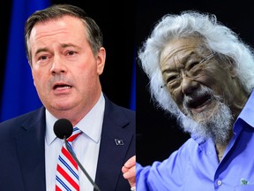 Alberta Premier Jason Kenney (L) and David Suzuki (R).