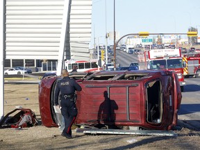 Calgary police investigate after what is believed to be a stolen vehicle was driving at high speeds southbound on Macleod Trail, causing multiple accidents before crashing into a traffic sign just before 109 Ave. S.W. in Calgary on Monday, November 29, 2021.