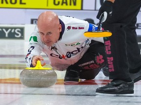 Kevin Koe throws a rock during the BOOST National at the Chestermere Recreation Centre on Thursday, Nov. 4, 2021.