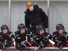 NHL superstar Jarome Iginla now behind the bench coaching his Rink Kelowna team in the Rocky Mountain Classic - NWCAA U15 AAA Invitational Tournament at WinSport in Calgary on Wednesday, November 10, 2021.