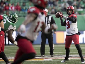 Calgary Stampeders quarterback Bo Levi Mitchell goes to throw the ball against the Saskatchewan Roughriders during the CFL West Division Semifinal at Mosaic Stadium in Regina on Sunday, Nov. 28, 2021.