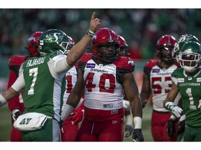 Calgary Stampeders defensive lineman Shawn Lemon looks on moments before getting ejected from the game after throwing a punch during the CFL West Division Semifinal against the Saskatchewan Roughriders, at Mosaic Stadium in Regina on Sunday, Nov. 28, 2021.