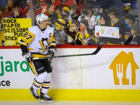 Pittsburgh Penguins captain Sidney Crosby during the pre-game skate before facing the Calgary Flames at the Scotiabank Saddledome in Calgary on Monday, Nov. 29, 2021.