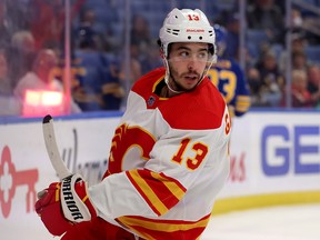 Calgary Flames forward Johnny Gaudreau celebrates after scoring during the first period against the Buffalo Sabres at KeyBank Center on Nov. 18, 2021.