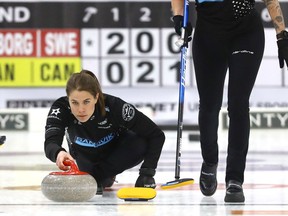 Skip Anna Hasselborg delivers a rock in a quarterfinal game against Rachel Homan’s team during the BOOST National at the Chestermere Community Recreation Centre on Saturday, Nov. 6, 2021.