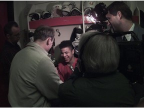 Jarome Iginla talks to the media on April 22, 1996, soon after joining the Calgary Flames.