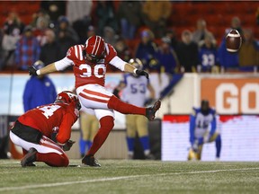 The Calgary Stampeders’ Rene Paredes kicks a game-winning field goal against the Winnipeg Blue Bombers at McMahon Stadium in Calgary on Saturday, Nov. 20, 2021.